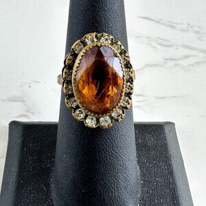 Vintage Orange & Clear Rhinestone Cocktail Ring Size 6.5 Oval Stone Adjustable B